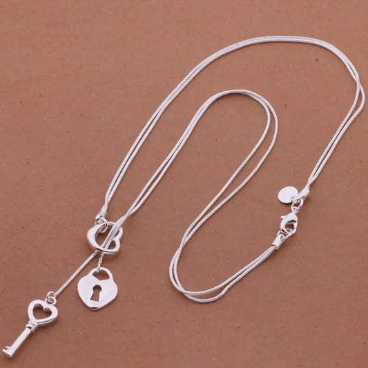 925 Silver Plated Heart Lock Snake Chain Necklace
