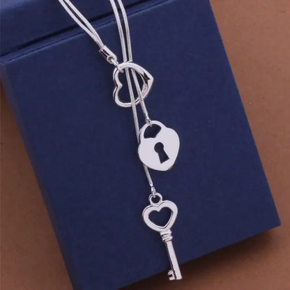 925 Silver Plated Heart Lock Snake Chain Necklace