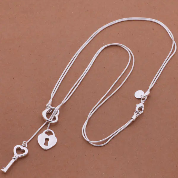 925 Silver Plated Heart Lock Snake Chain Necklace