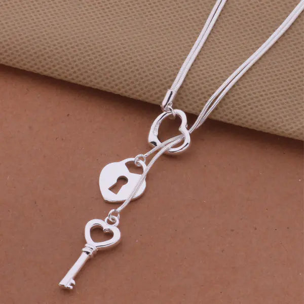 925 Silver Plated Heart Lock Snake Chain Necklace